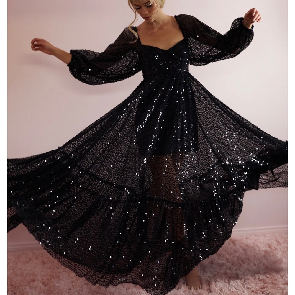 Free People Selkie black sequins princess maxi gown size XS